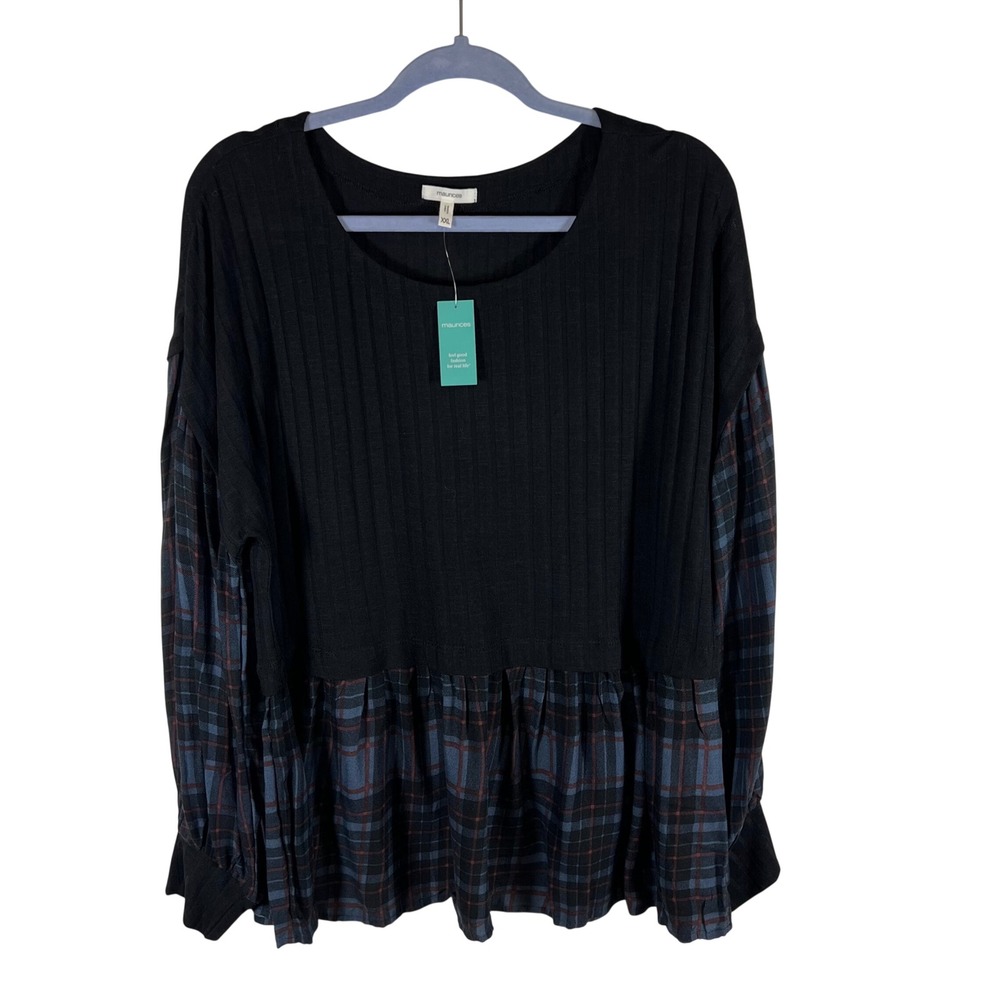 Maurices Womens XXL Black Ribbed Plaid Mixed Media Babydoll Top NWT Grunge